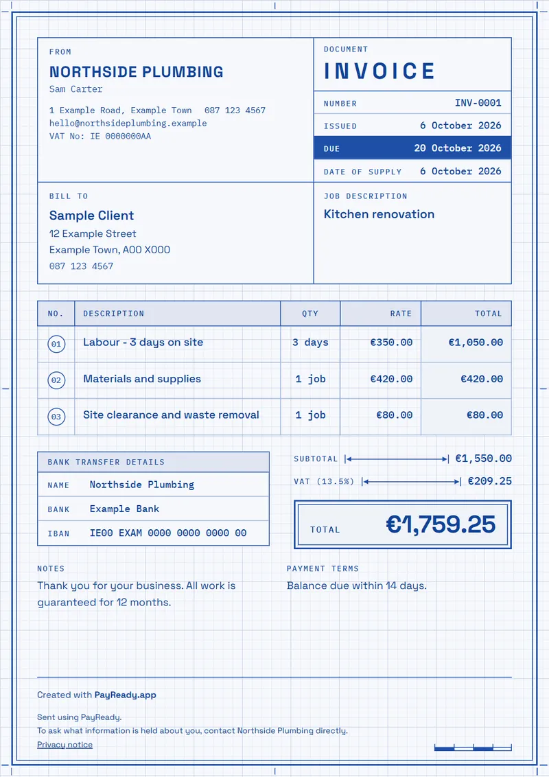 The Blueprint invoice style, with sample details