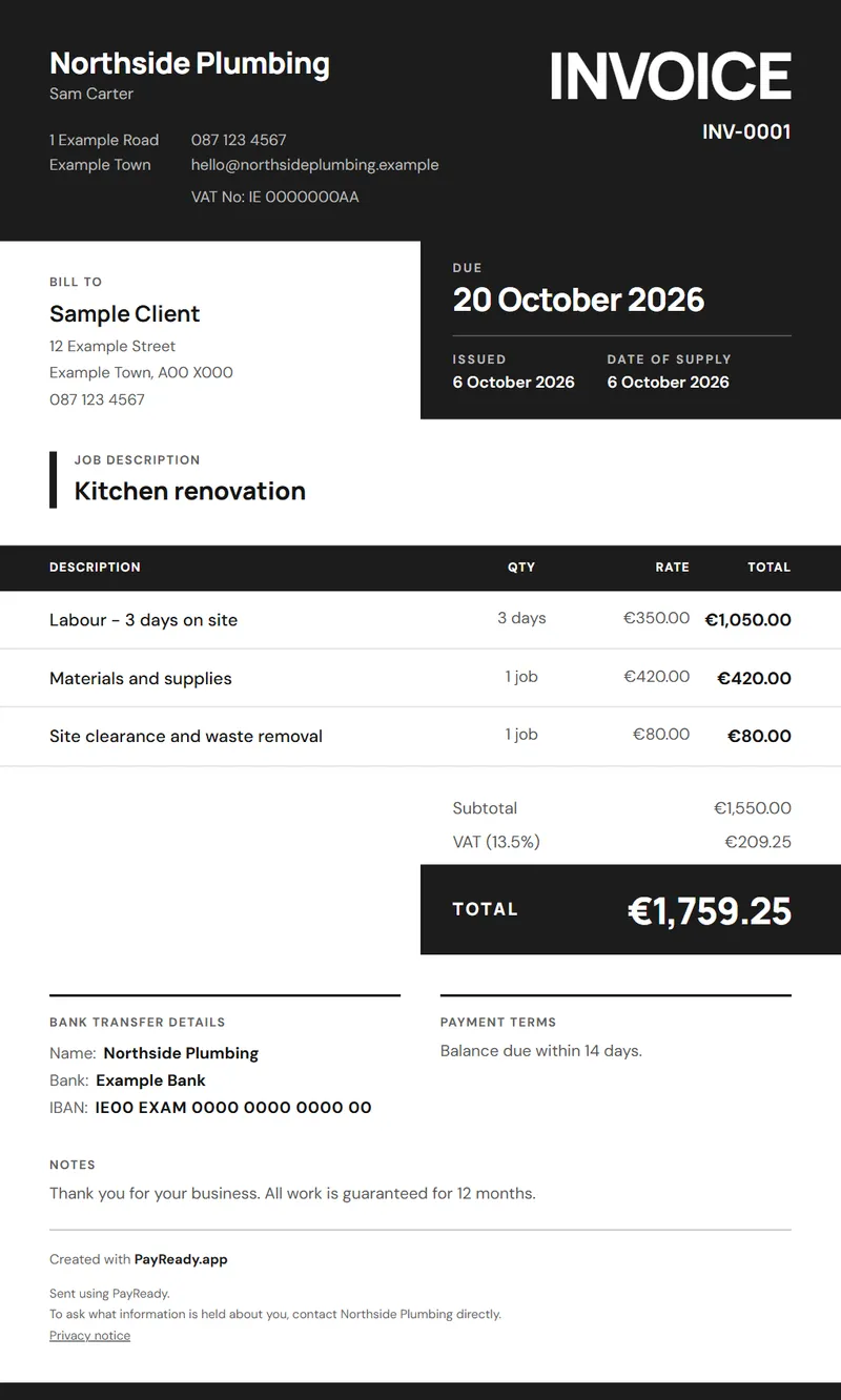 The Bold invoice style, with sample details