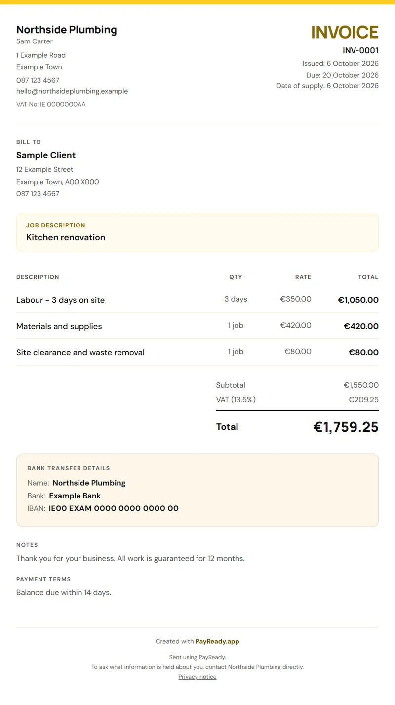 The Classic invoice style, with sample details