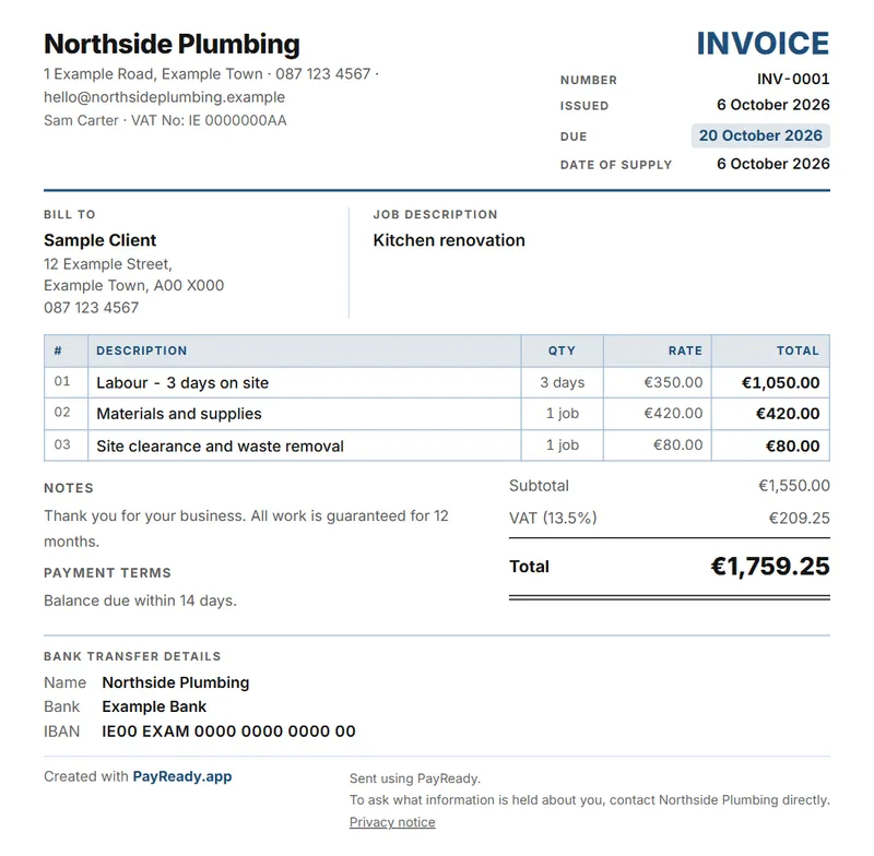 The Compact invoice style, with sample details