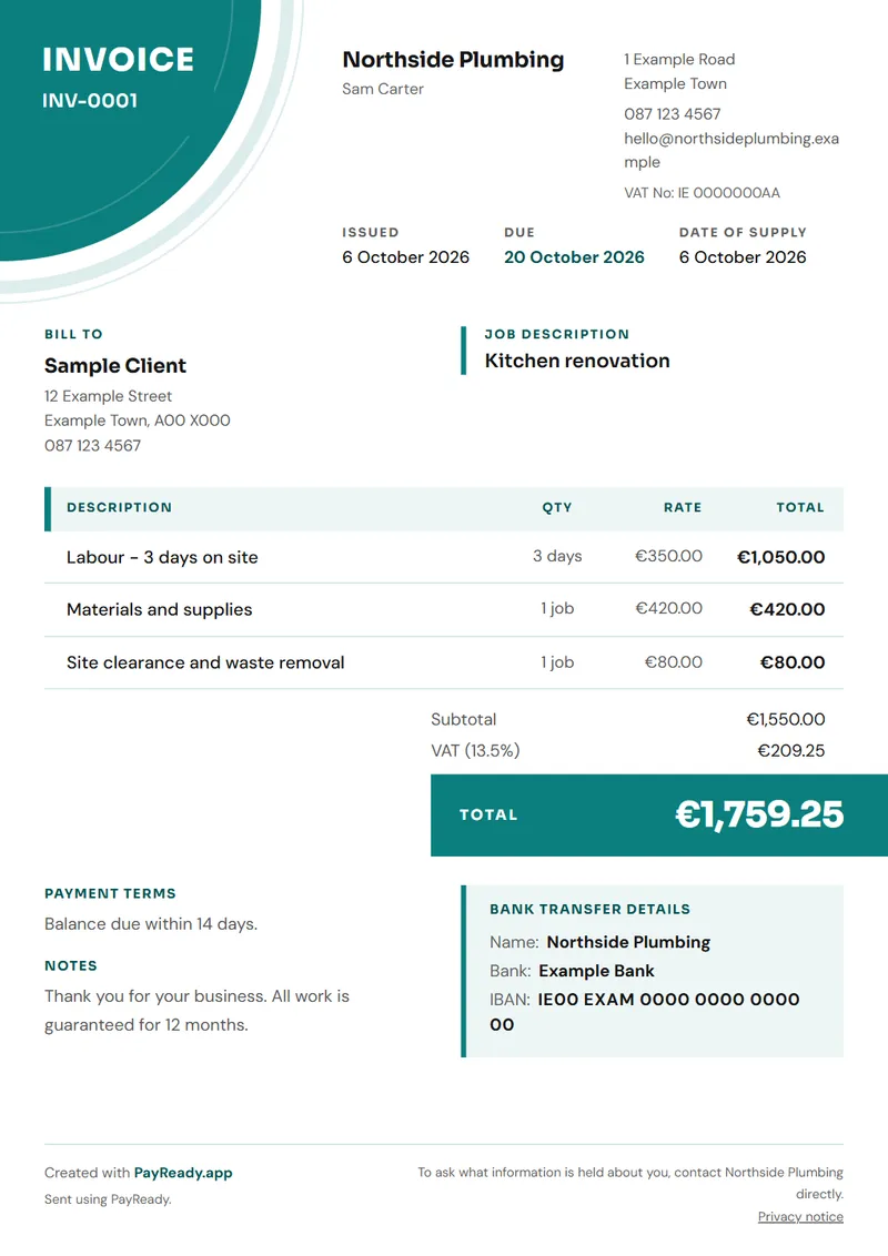 The Corner invoice style, with sample details