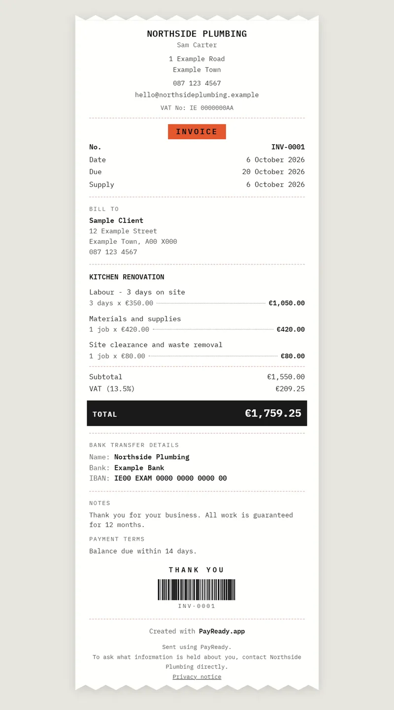 The Docket invoice style, with sample details