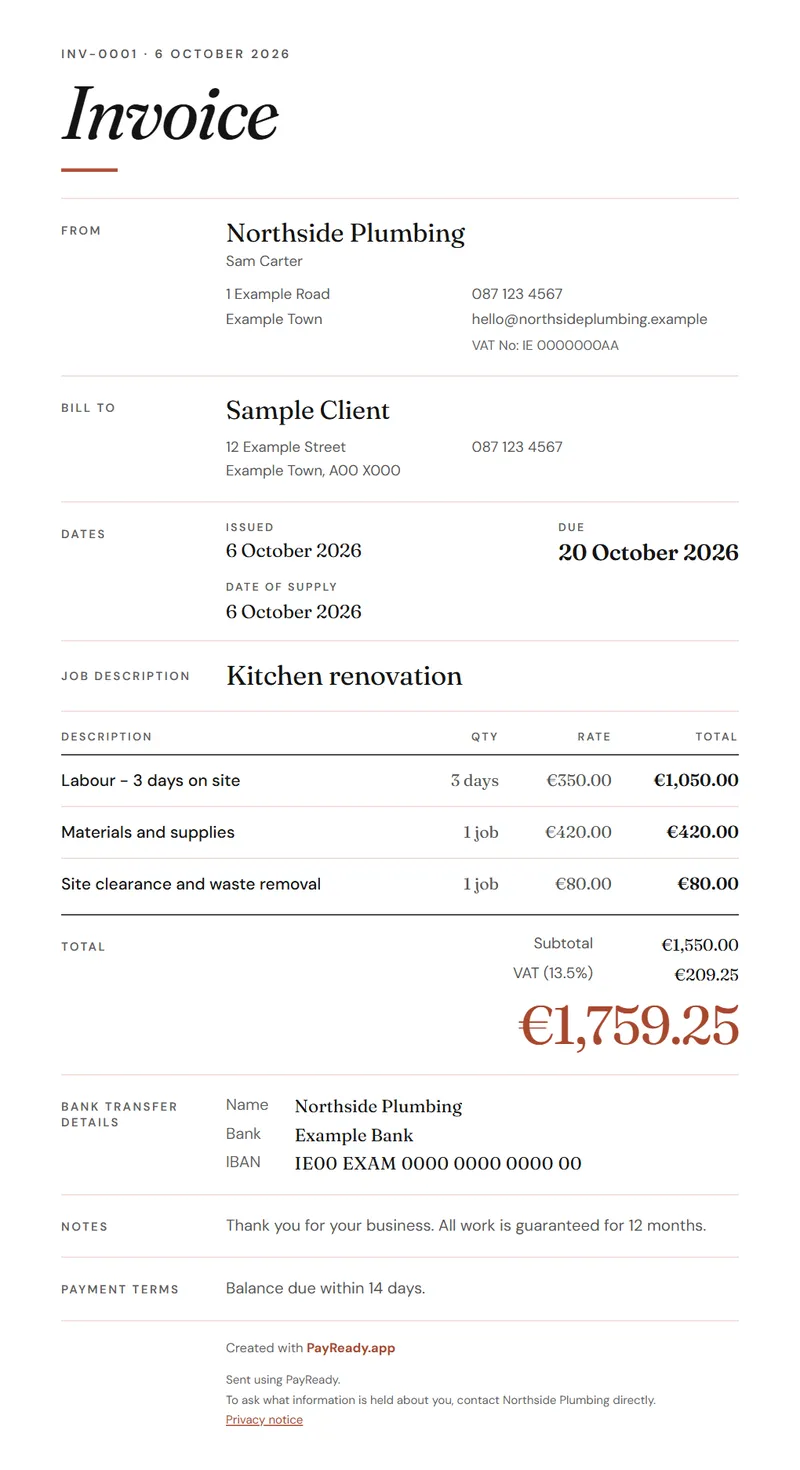 The Editorial invoice style, with sample details