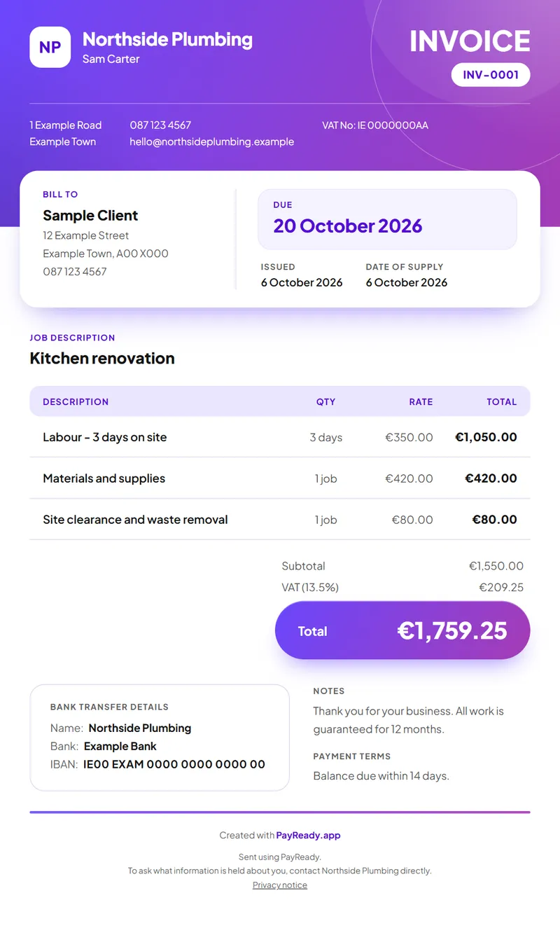 The Gradient invoice style, with sample details