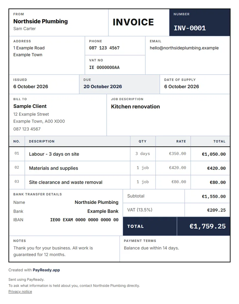 The Grid invoice style, with sample details