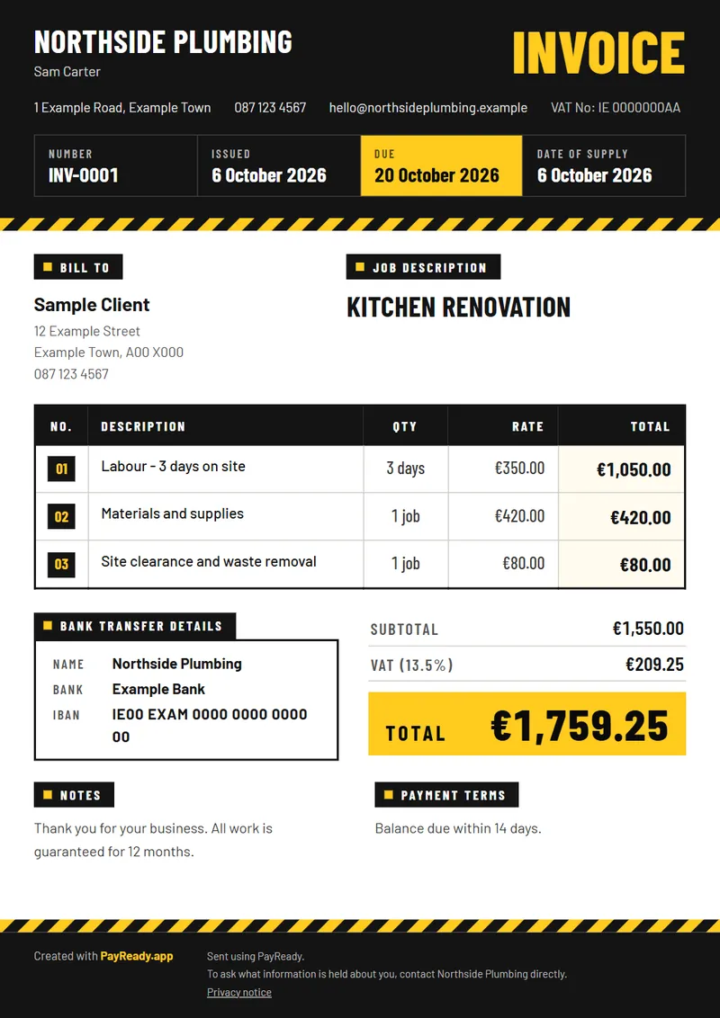 The Hazard invoice style, with sample details