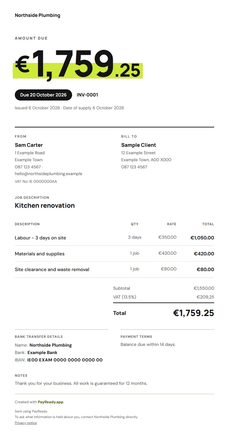 The Headline invoice style, with sample details