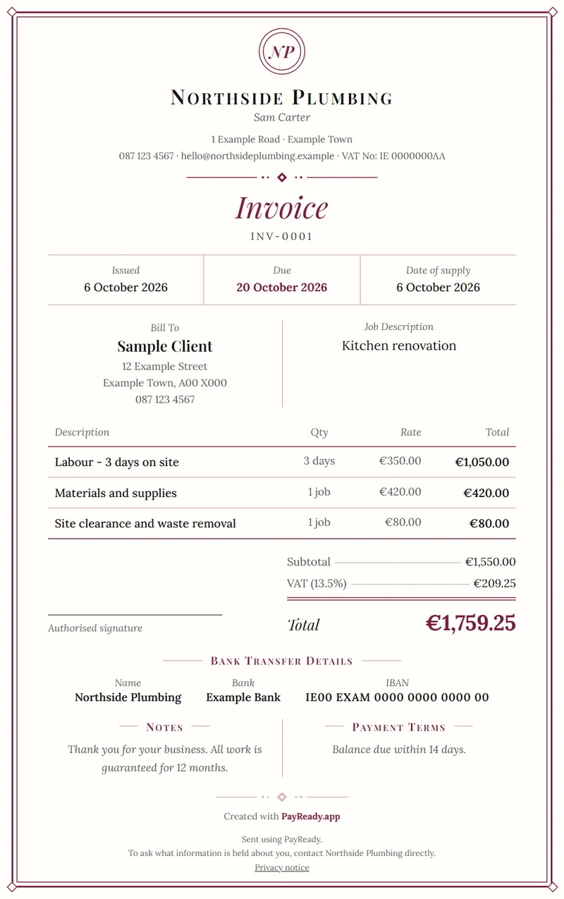The Heritage invoice style, with sample details