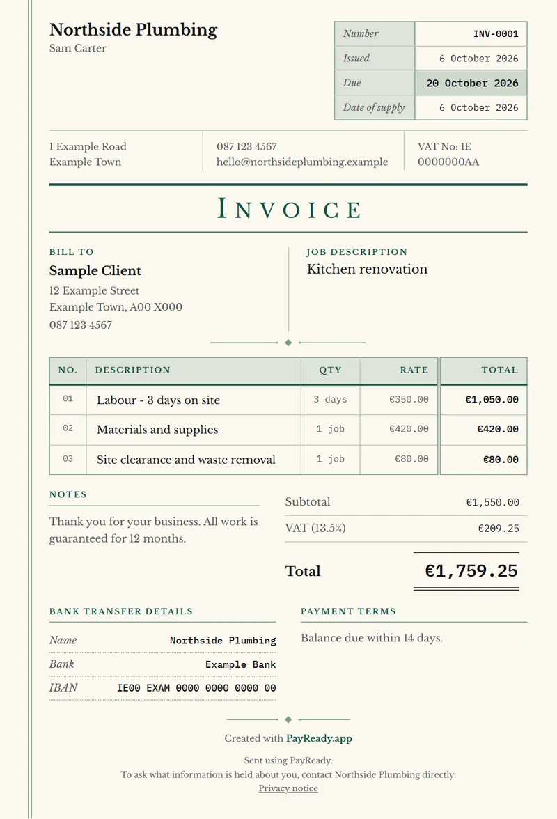 The Ledger invoice style, with sample details