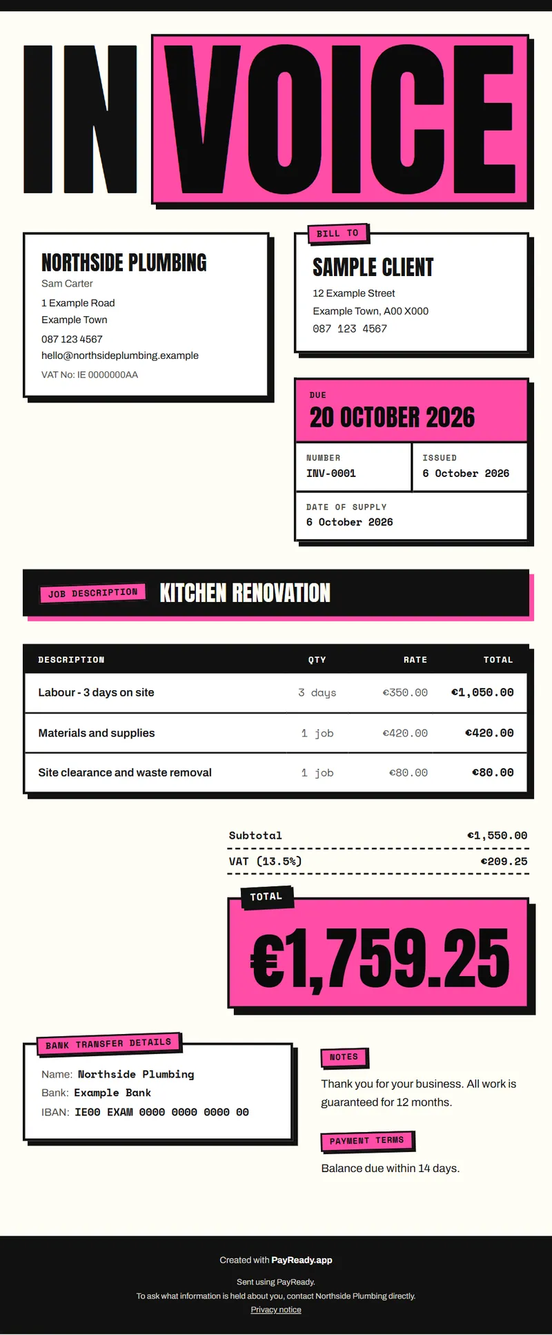 The Loud invoice style, with sample details