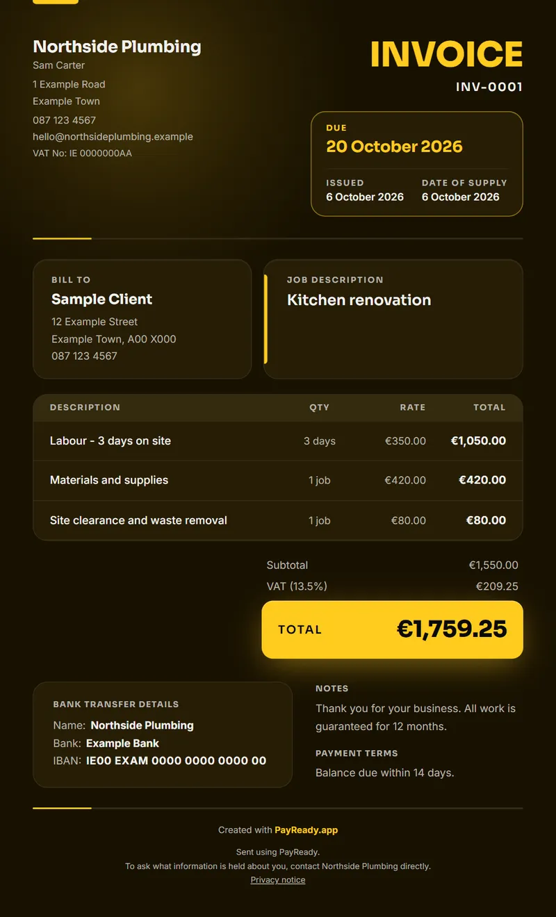 The Night invoice style, with sample details