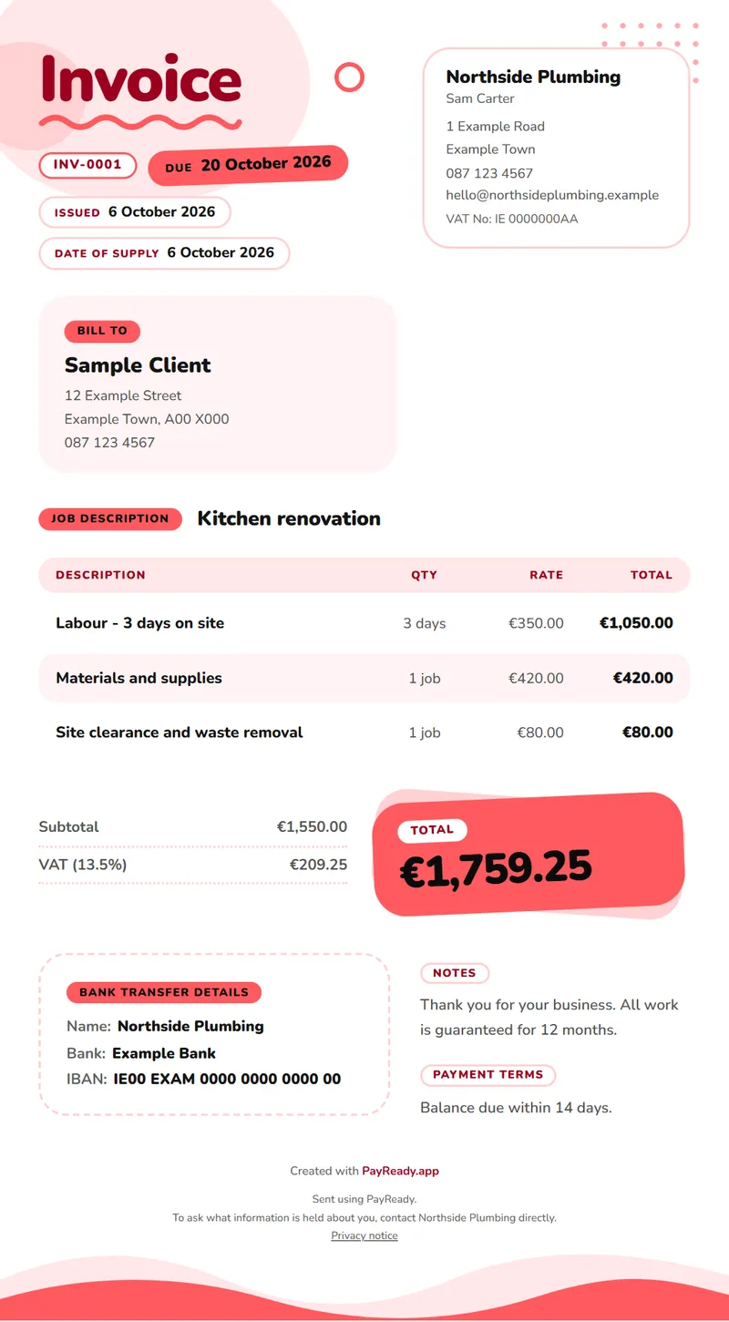 The Pop invoice style, with sample details