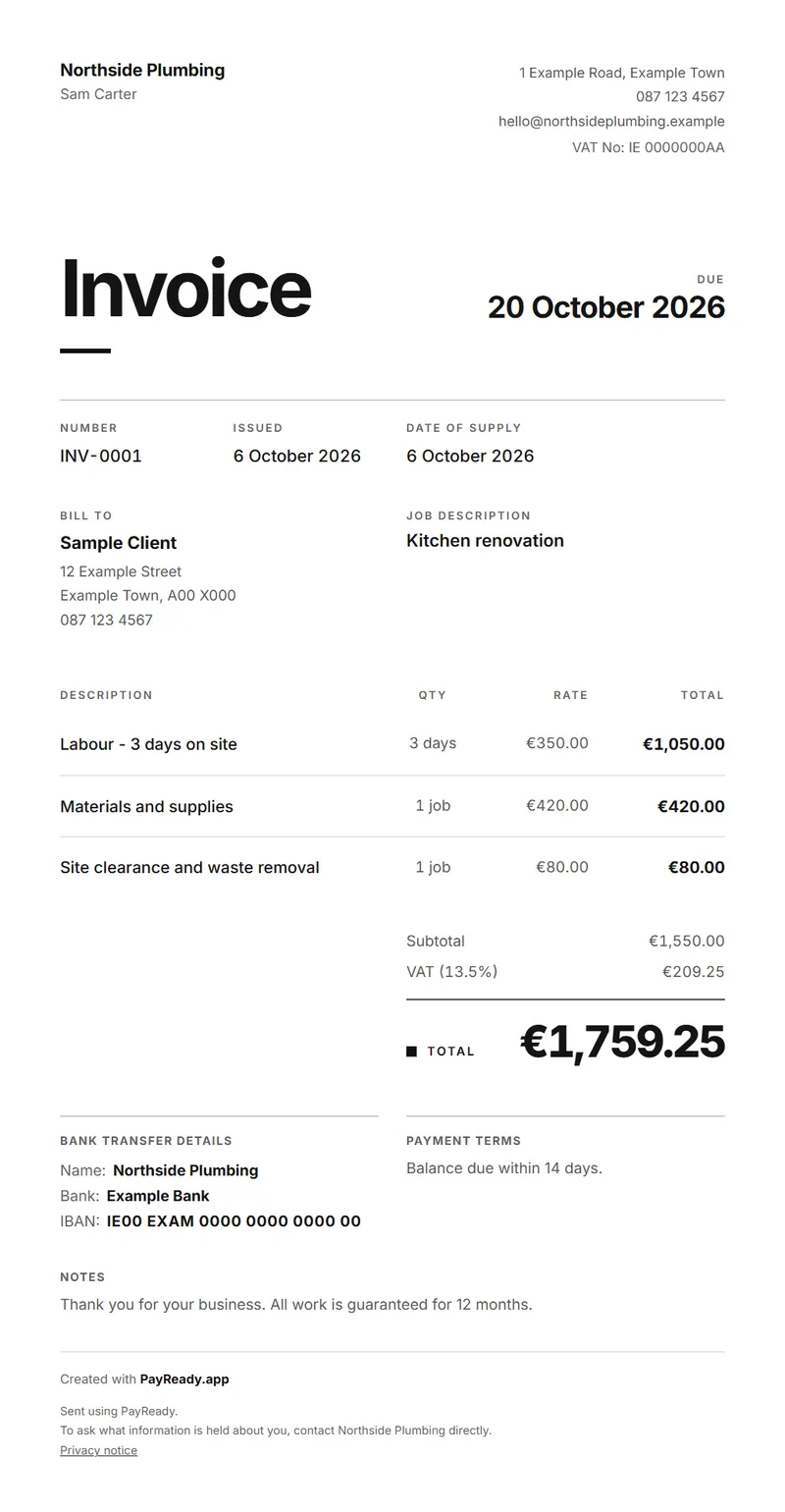 The Pure invoice style, with sample details