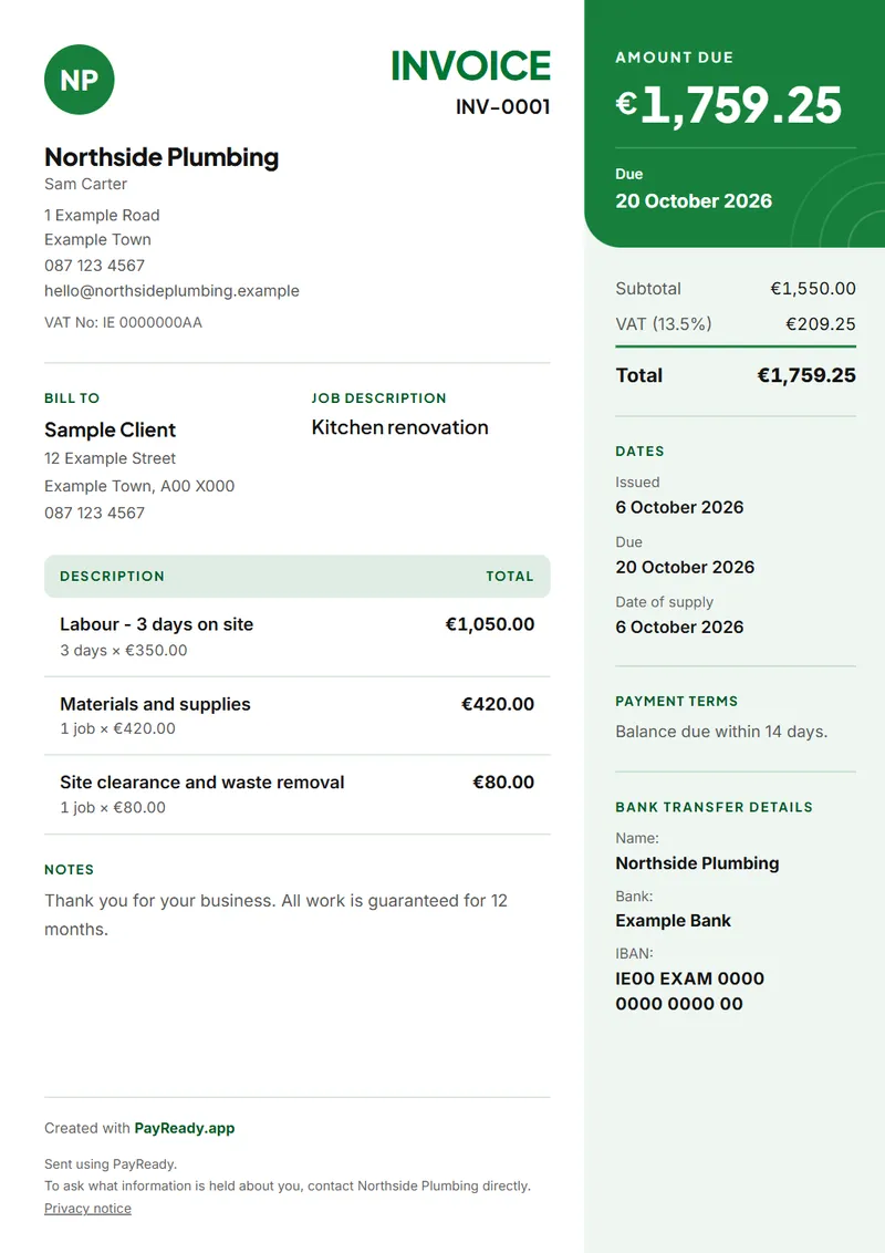 The Rail invoice style, with sample details