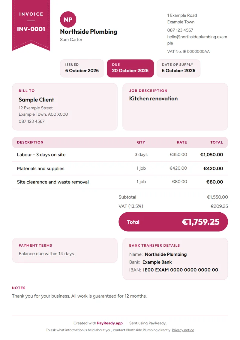 The Ribbon invoice style, with sample details