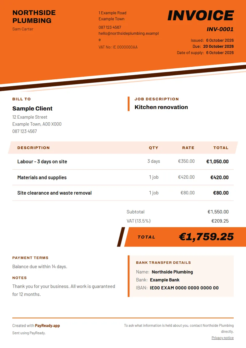 The Slant invoice style, with sample details