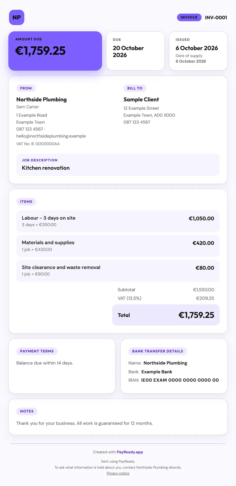 The Soft invoice style, with sample details