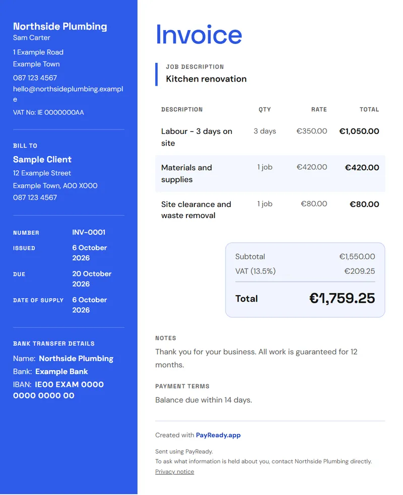 The Studio invoice style, with sample details