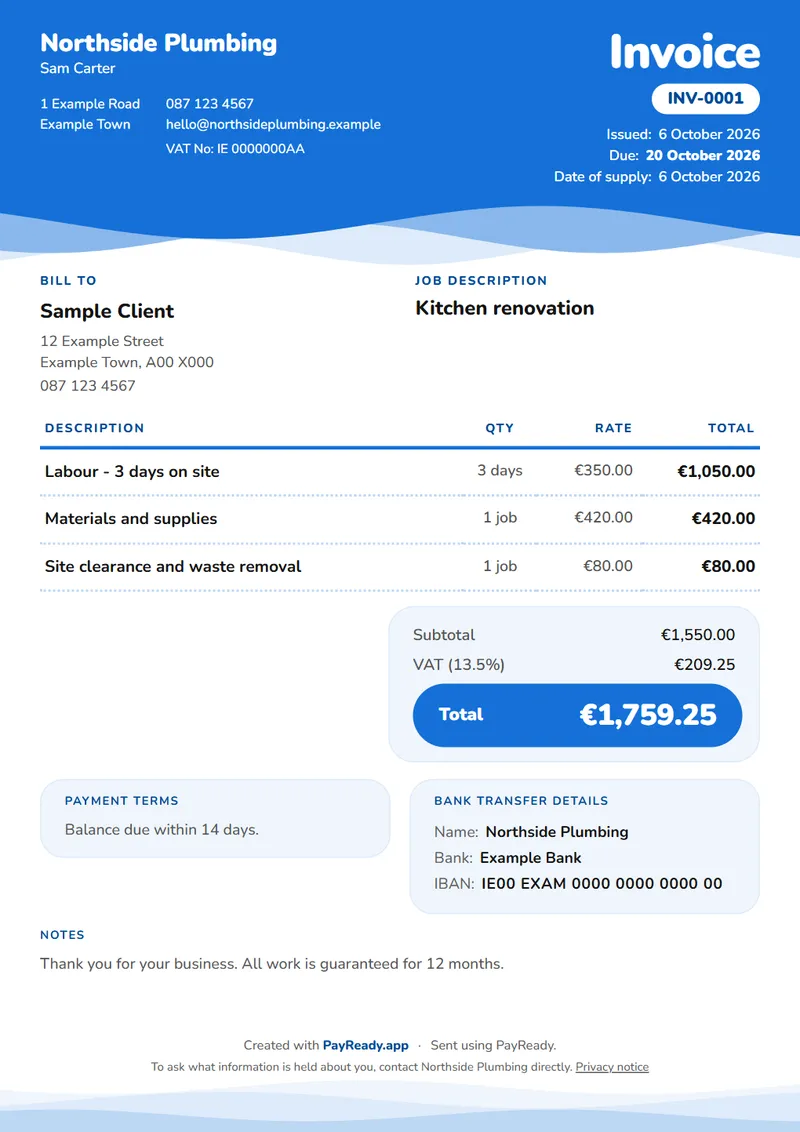 The Wave invoice style, with sample details