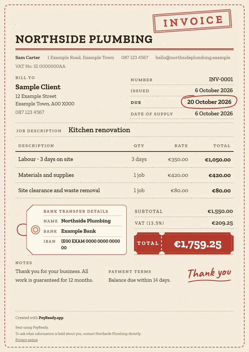 The Workshop invoice style, with sample details
